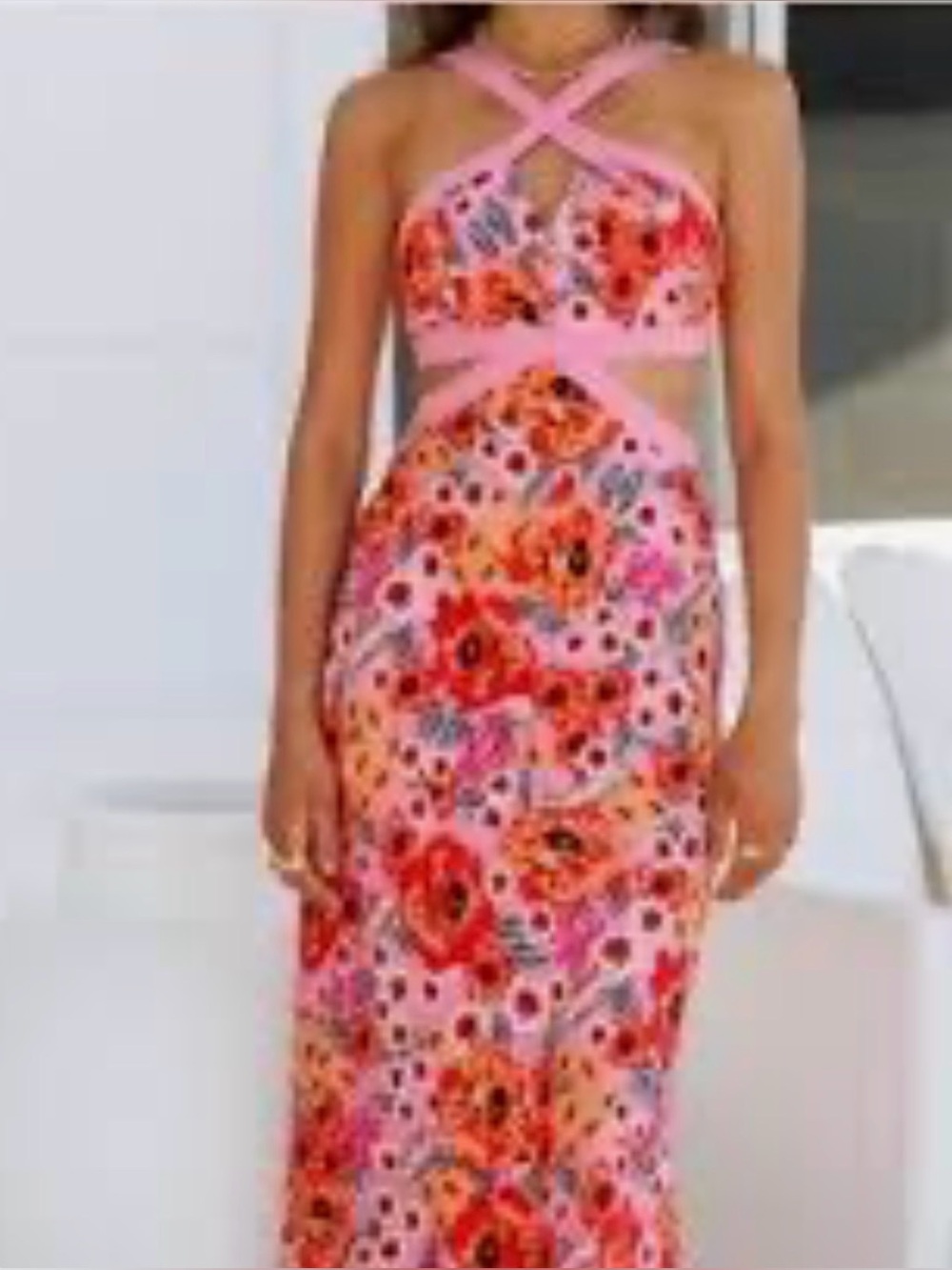 Hello Molly Pink Floral Maxi Dress with Red & Orange Accents